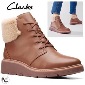 Clarks Andie Go Fur Lace-Up Brown Leather Ankle Boots Casual Winter Booties 9